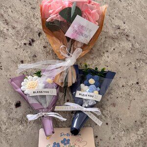 3 Mini Flower Bouquet Set: Crochet Knitted Flowers & Pink Foam Roses Gift Set